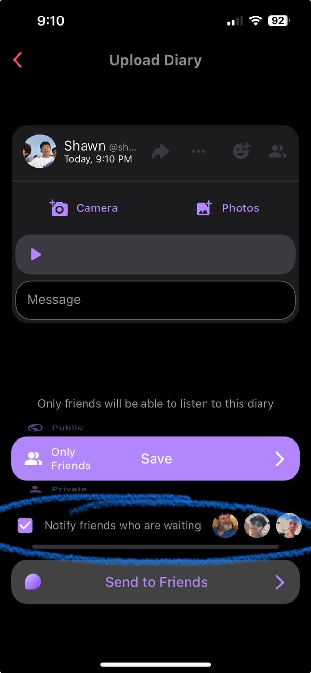 Notify friends checkbox in Upload Diary page